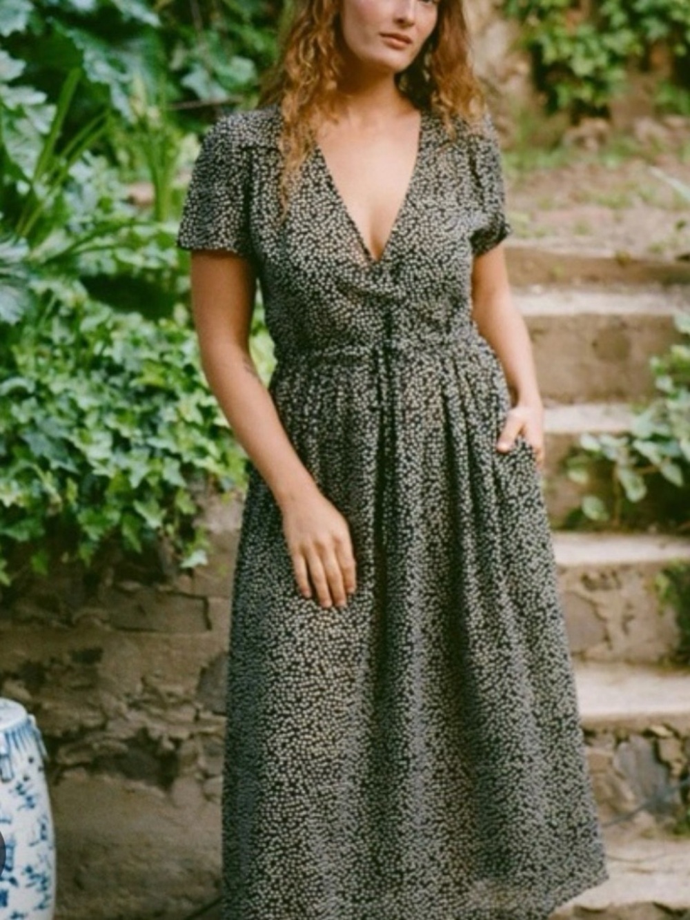 The Dawn Dress in dark blue with floral print